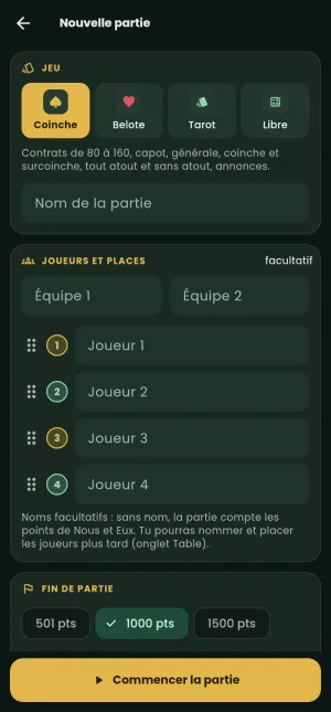 A new game: coinche picked, the optional names of the teams and the players, the end at 1000 points.