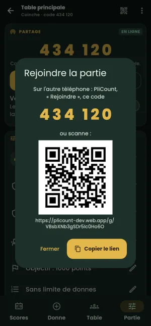 Sharing a game: its 6 digit code in big digits, its QR code and its link.
